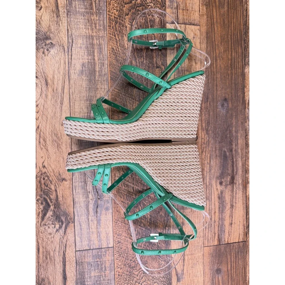 Marc Fisher Size 7 Kelly Green Zeki Espadrille Wedge Sandal Coastal Boho Resort